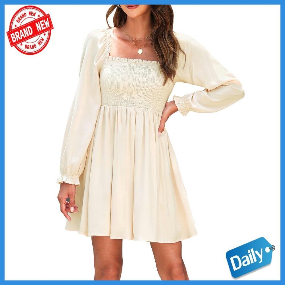 Women's Square Neck Smocked Dress Puff Sleeve A-Line Flowy Casual